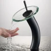 Waterfall Bathroom Faucet with Clear Glass Disk and Pop-Up Drain in Oil Rubbed Bronze