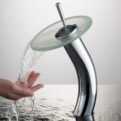 Waterfall Bathroom Faucet with Frosted Glass Disk and Pop-Up Drain in Chrome