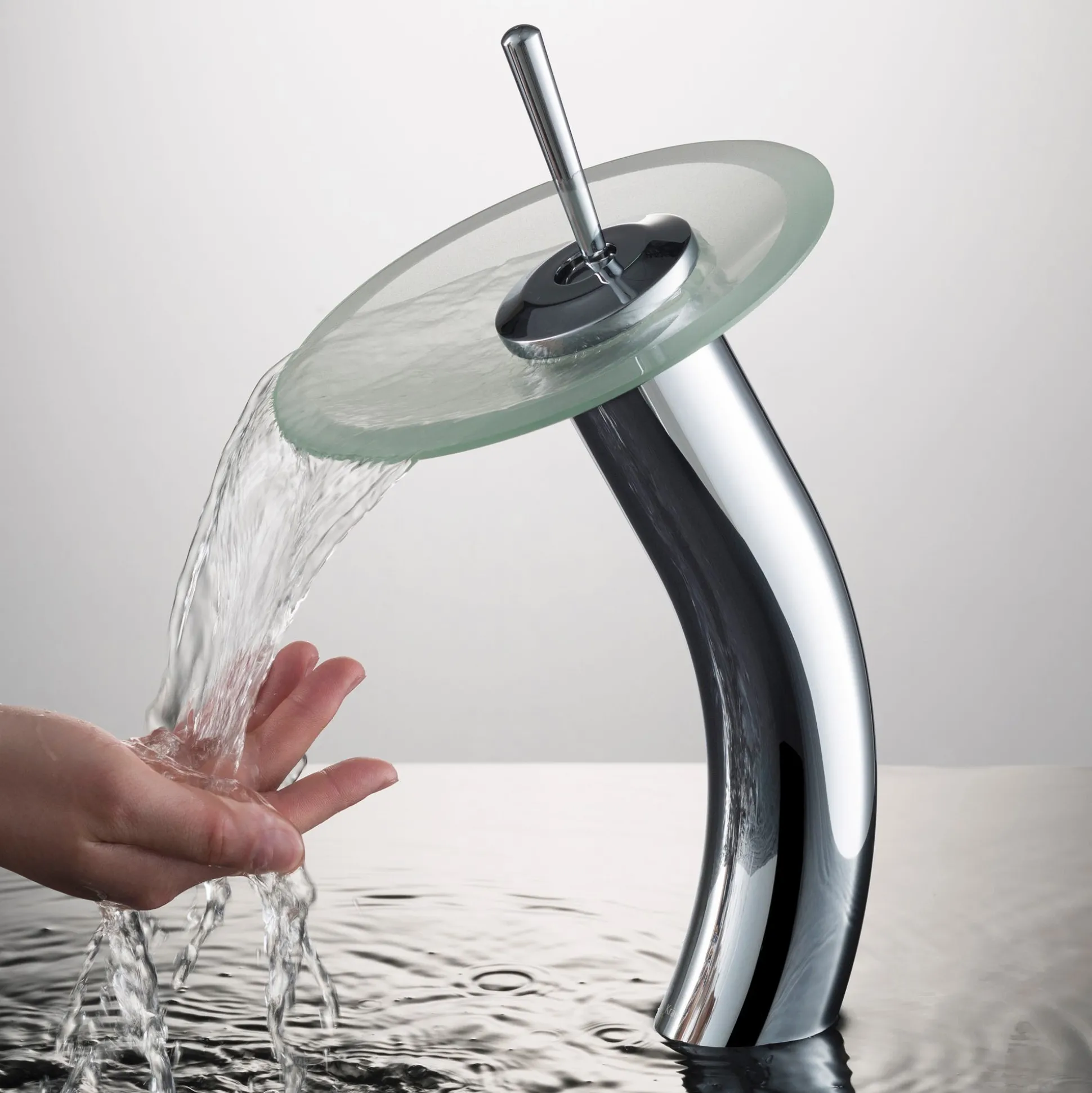 Waterfall Bathroom Faucet with Frosted Glass Disk and Pop-Up Drain in Chrome