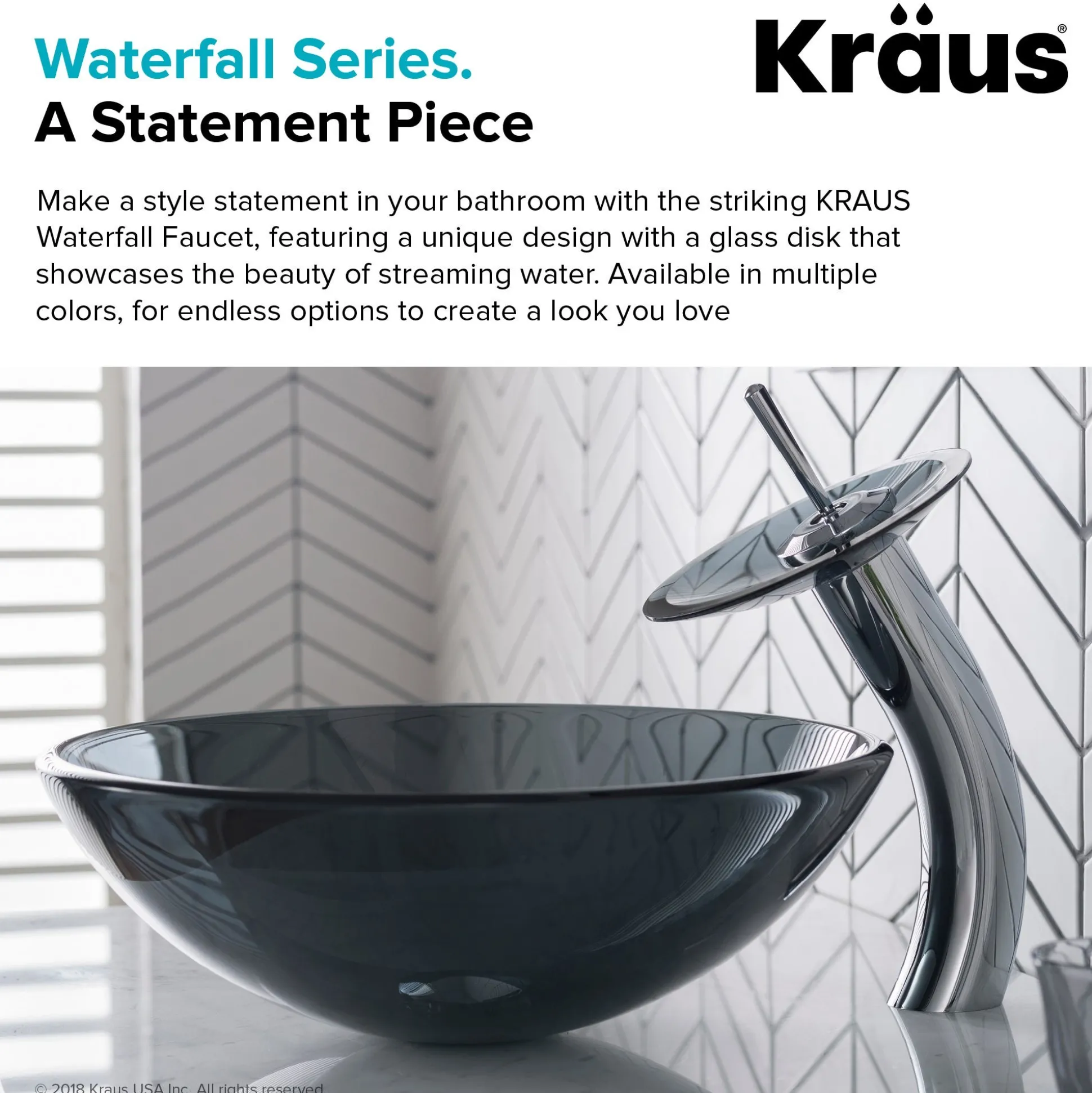 Waterfall Bathroom Faucet with Frosted Black Glass Disk and Pop-Up Drain in Chrome