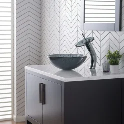 Waterfall Bathroom Faucet with Frosted Black Glass Disk and Pop-Up Drain in Chrome