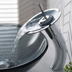 Waterfall Bathroom Faucet with Frosted Black Glass Disk and Pop-Up Drain in Chrome