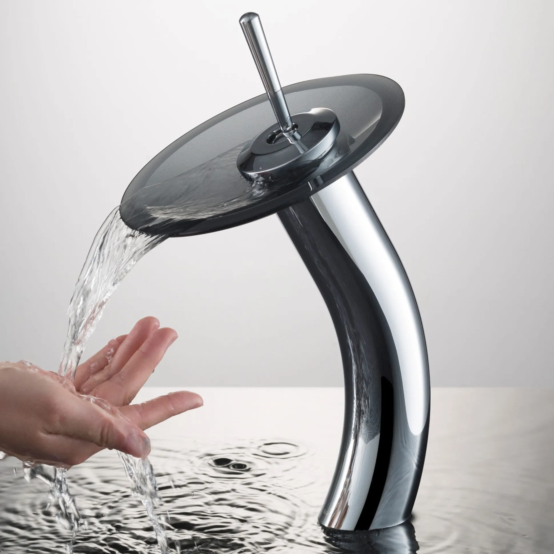 Waterfall Bathroom Faucet with Frosted Black Glass Disk and Pop-Up Drain in Chrome