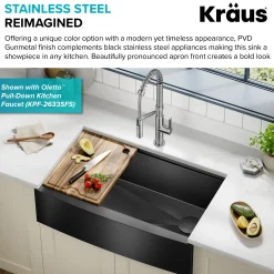 Workstation 33” Apron Front Farmhouse 16 Gauge Black Stainless Steel Single Bowl Kitchen Sink in PVD Gunmetal Finish with Accessories