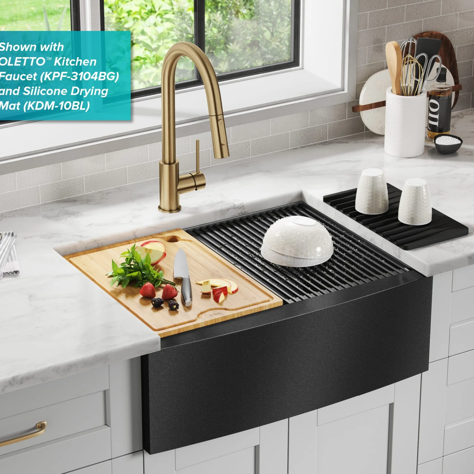 Workstation 27” Apron Front Farmhouse 16 Gauge Black Stainless Steel Single Bowl Kitchen Sink in PVD Gunmetal Finish with Accessories
