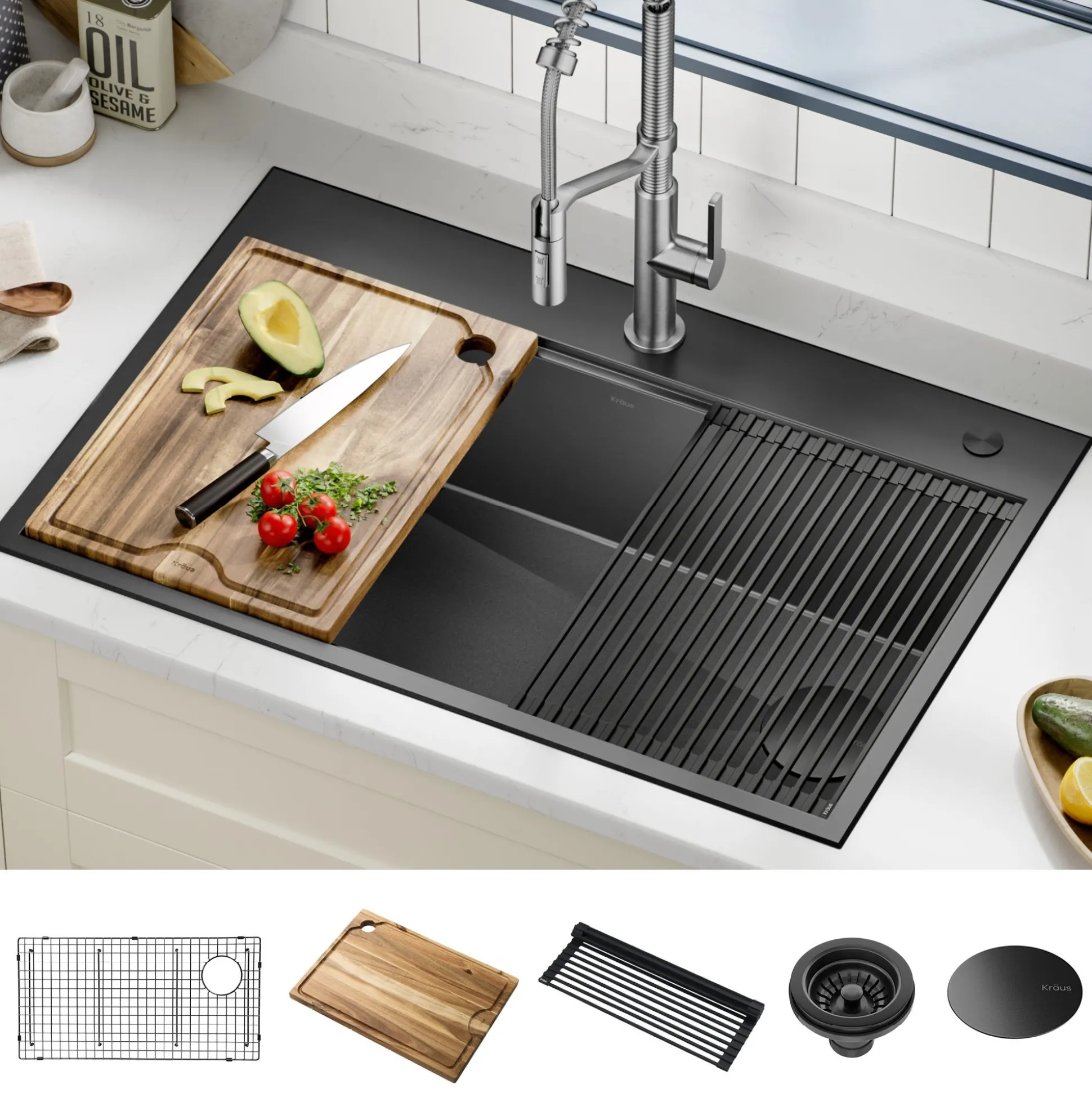 Workstation 33” Drop-In / Top Mount 16 Gauge Black Stainless Steel Single Bowl Kitchen Sink in PVD Gunmetal Finish with Accessories