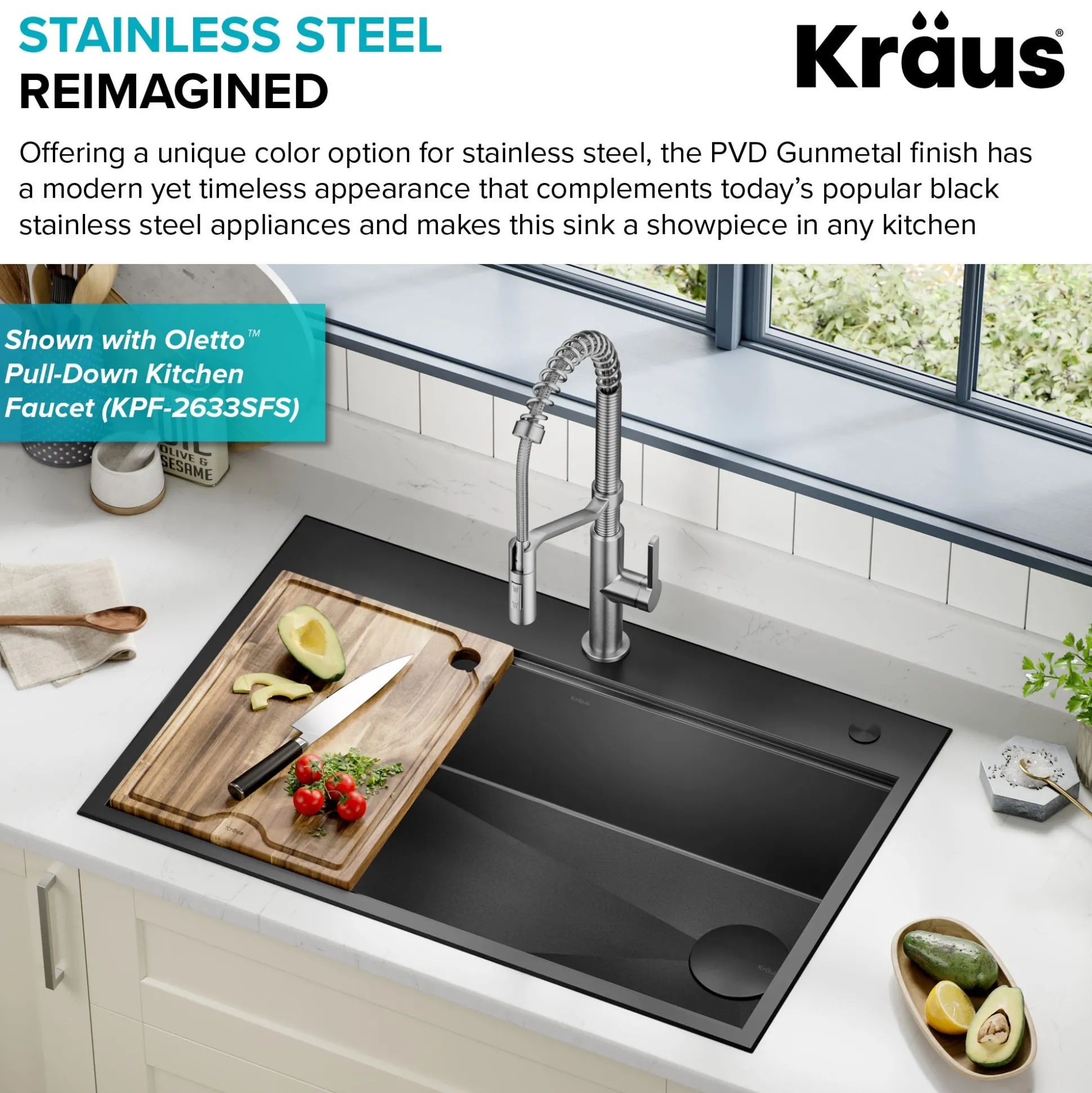 Workstation 33” Drop-In / Top Mount 16 Gauge Black Stainless Steel Single Bowl Kitchen Sink in PVD Gunmetal Finish with Accessories