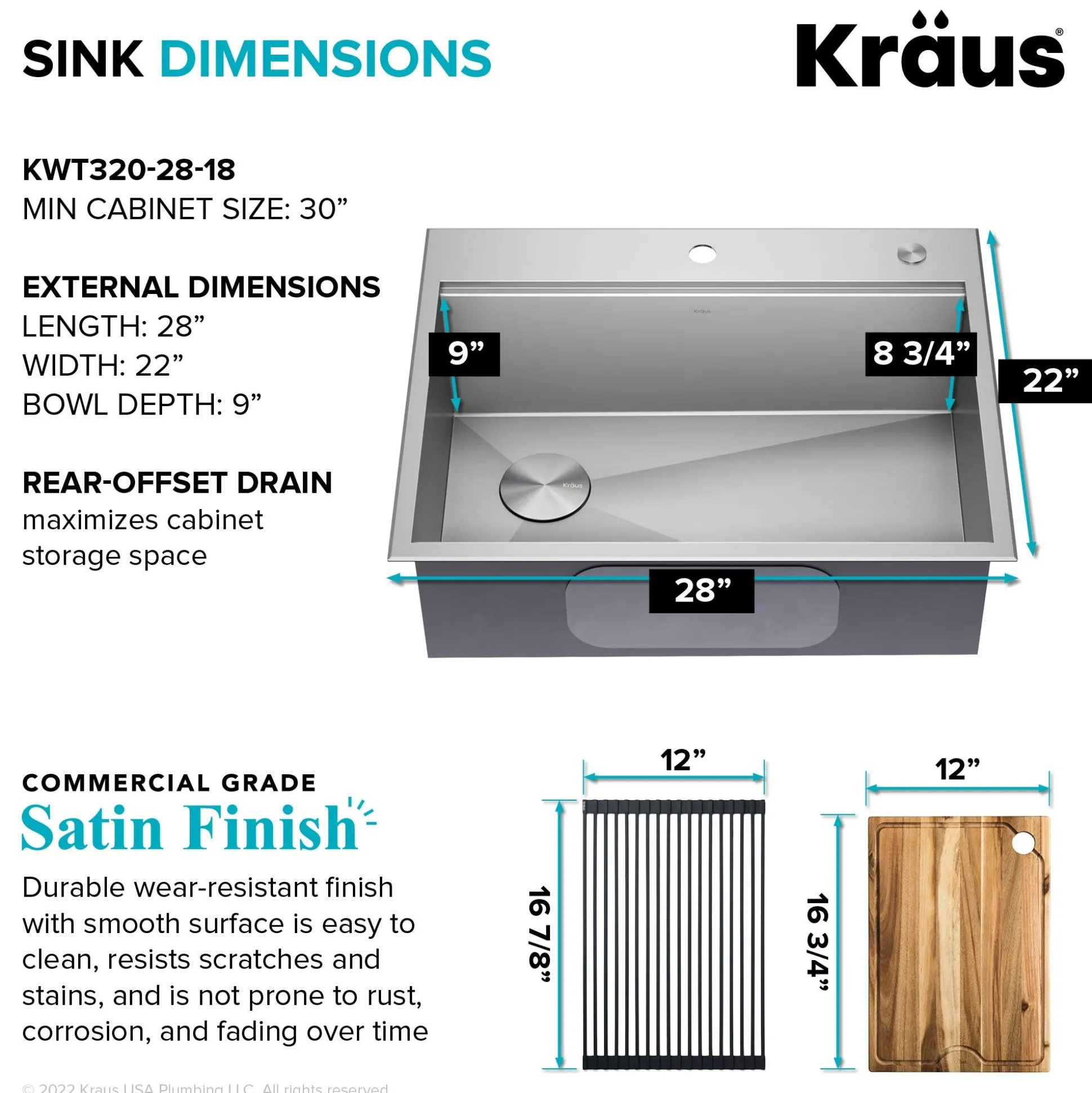 Workstation 28” Drop-In / Undermount 18 Gauge Stainless Steel Single Bowl Kitchen Sink with Accessories