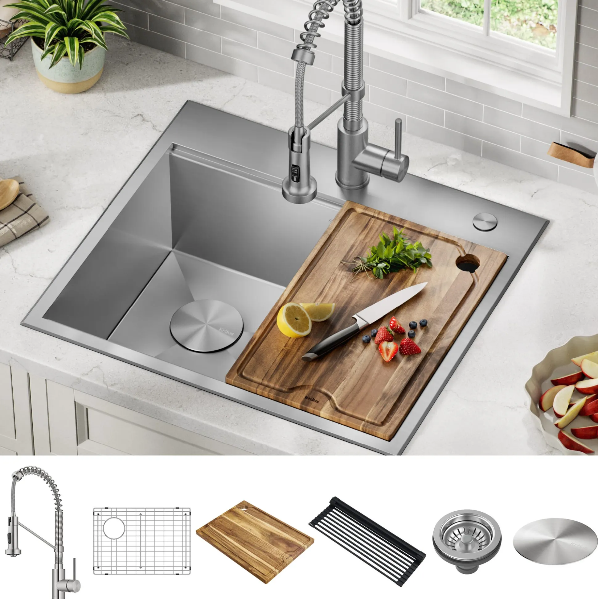 Workstation 25" Dual Mount 18 Gauge Stainless Steel Single Bowl Kitchen Sink w/ Bolden Commercial Pull-Down Faucet in Spot Free Stainless Steel