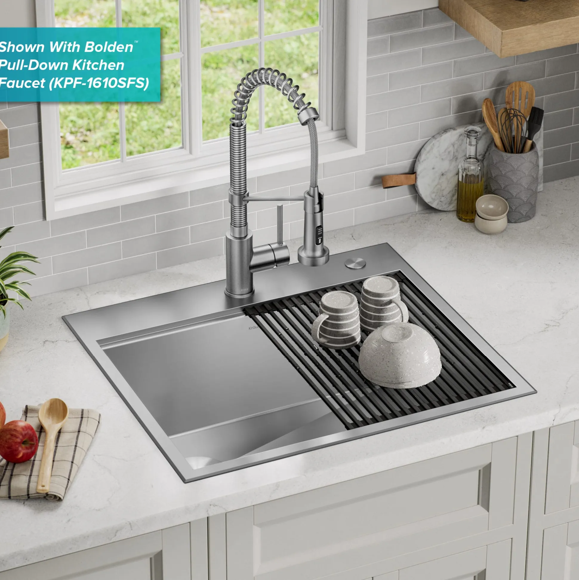 Workstation 25" Dual Mount 18 Gauge Stainless Steel Single Bowl Kitchen Sink w/ Bolden Commercial Pull-Down Faucet in Spot Free Stainless Steel