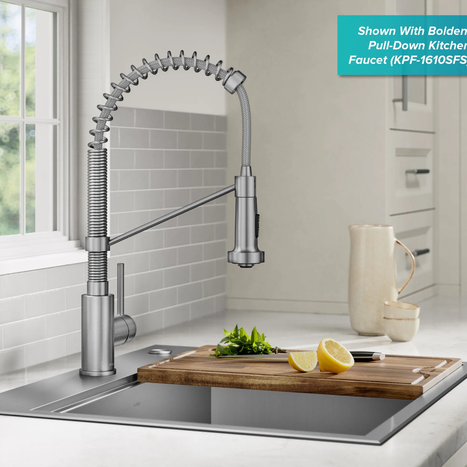 Workstation 25" Dual Mount 18 Gauge Stainless Steel Single Bowl Kitchen Sink w/ Bolden Commercial Pull-Down Faucet in Spot Free Stainless Steel