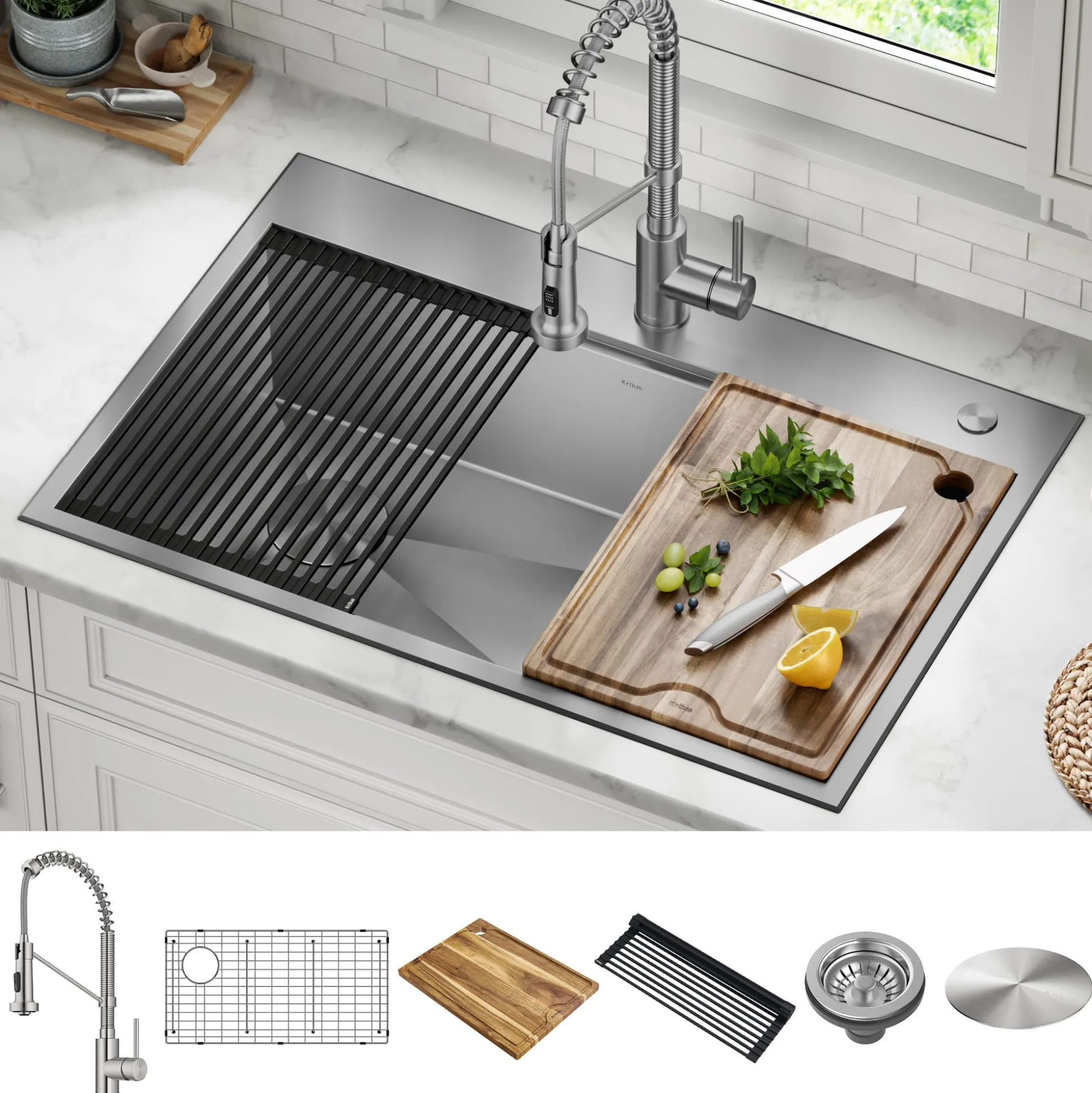 Workstation 33" Dual Mount 18 Gauge Stainless Steel Single Bowl Kitchen Sink w/ Bolden Commercial Pull-Down Faucet in Spot Free Stainless Steel