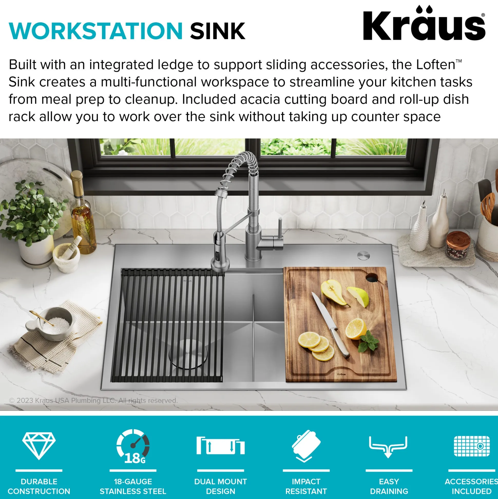 Workstation 33" Dual Mount 18 Gauge Stainless Steel 50/50 Double Bowl Kitchen Sink w/ Bolden Commercial Pull-Down Faucet in Spot Free Stainless Steel