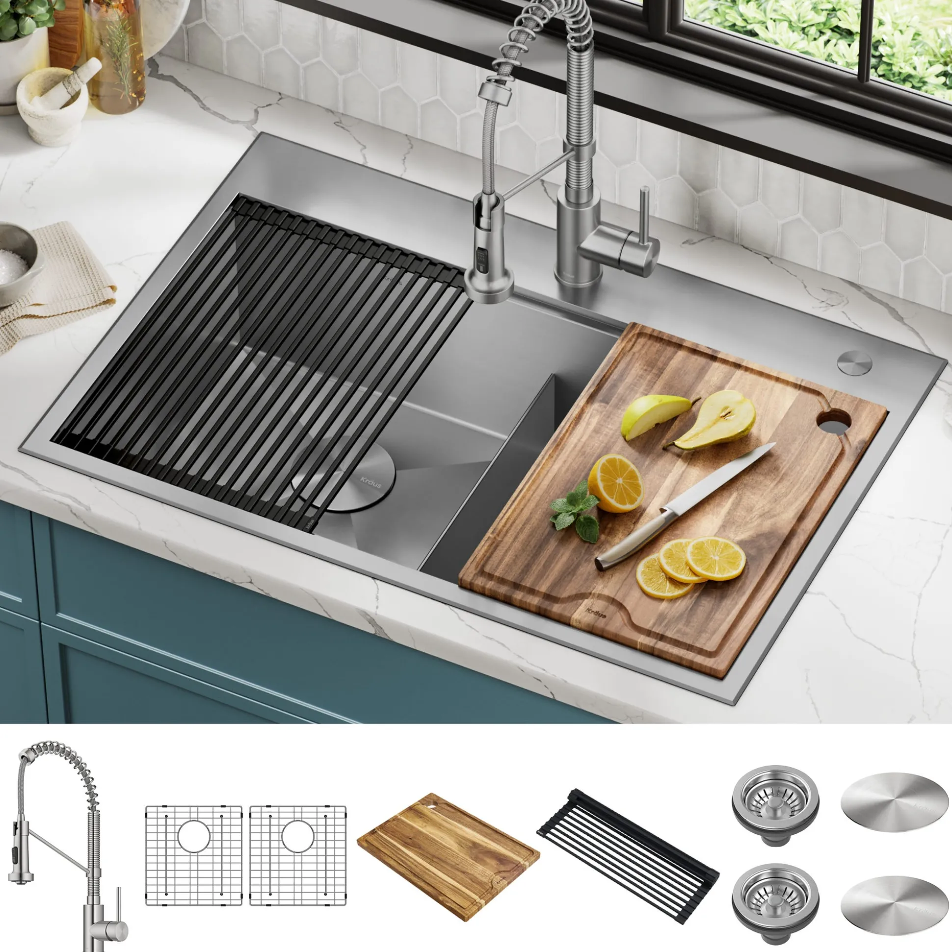 Workstation 33" Dual Mount 18 Gauge Stainless Steel 50/50 Double Bowl Kitchen Sink w/ Bolden Commercial Pull-Down Faucet in Spot Free Stainless Steel