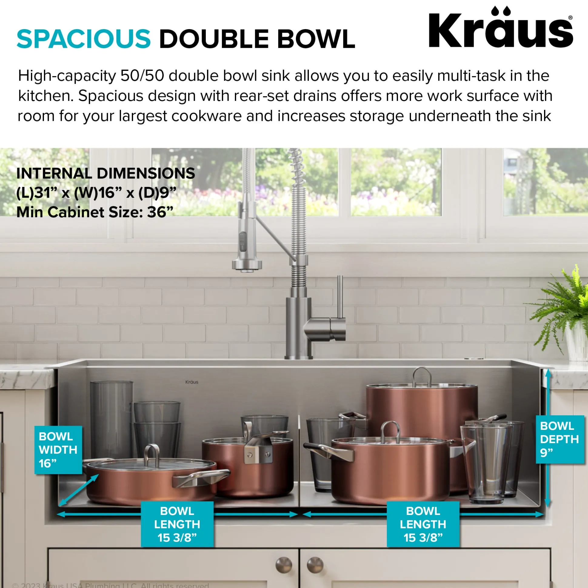 Workstation 33" Dual Mount 18 Gauge Stainless Steel 50/50 Double Bowl Kitchen Sink w/ Bolden Commercial Pull-Down Faucet in Spot Free Stainless Steel