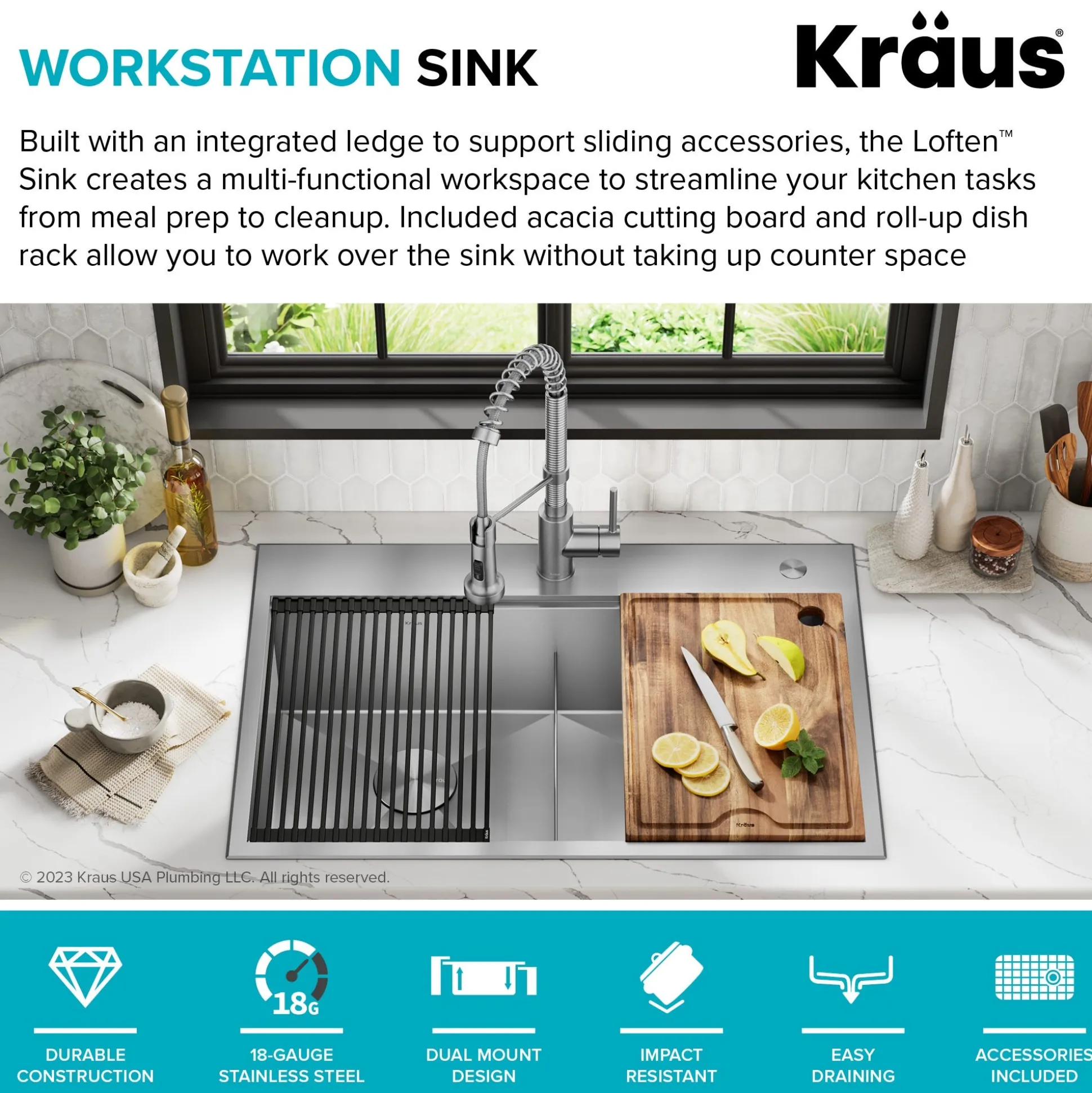 Workstation 33" Dual Mount 18 Gauge Stainless Steel 50/50 Double Bowl Kitchen Sink with Accessories