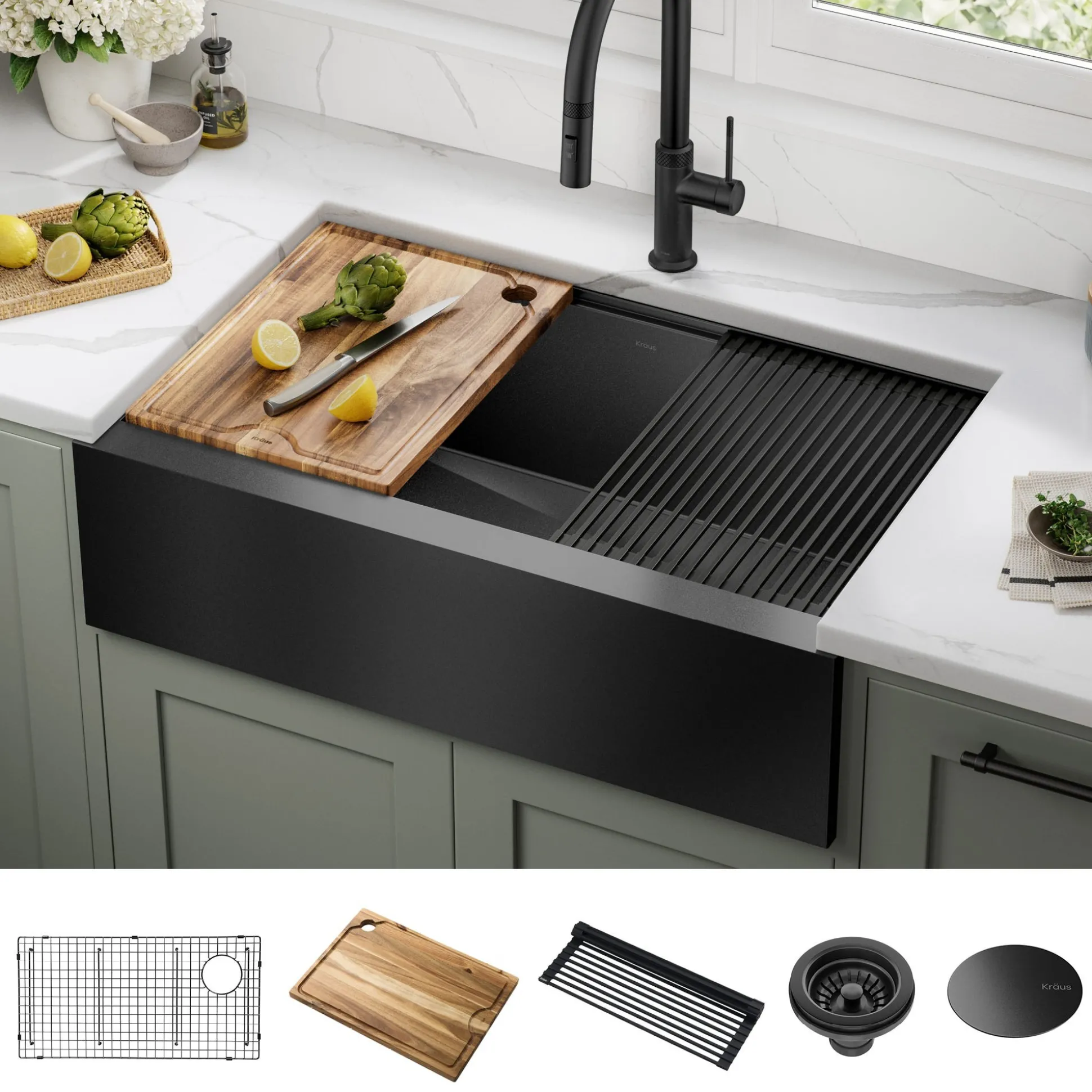 Workstation 33” Flat Apron Front Farmhouse 16 Gauge Black Stainless Steel Single Bowl Kitchen Sink in PVD Gunmetal Finish with Accessories