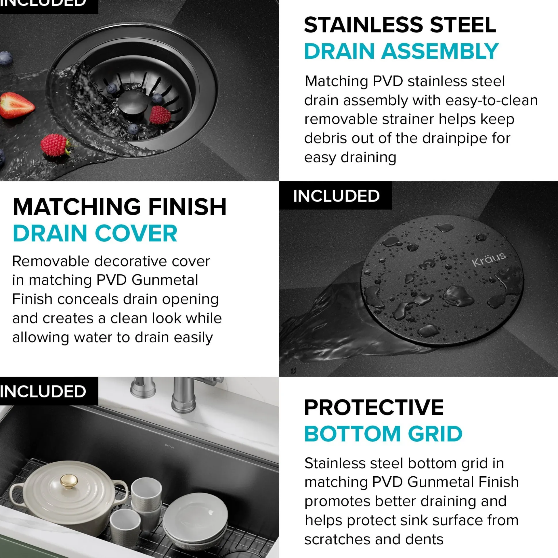 Workstation 33” Flat Apron Front Farmhouse 16 Gauge Black Stainless Steel Single Bowl Kitchen Sink in PVD Gunmetal Finish with Accessories
