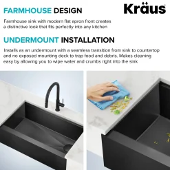 Workstation 33” Flat Apron Front Farmhouse 16 Gauge Black Stainless Steel Single Bowl Kitchen Sink in PVD Gunmetal Finish with Accessories