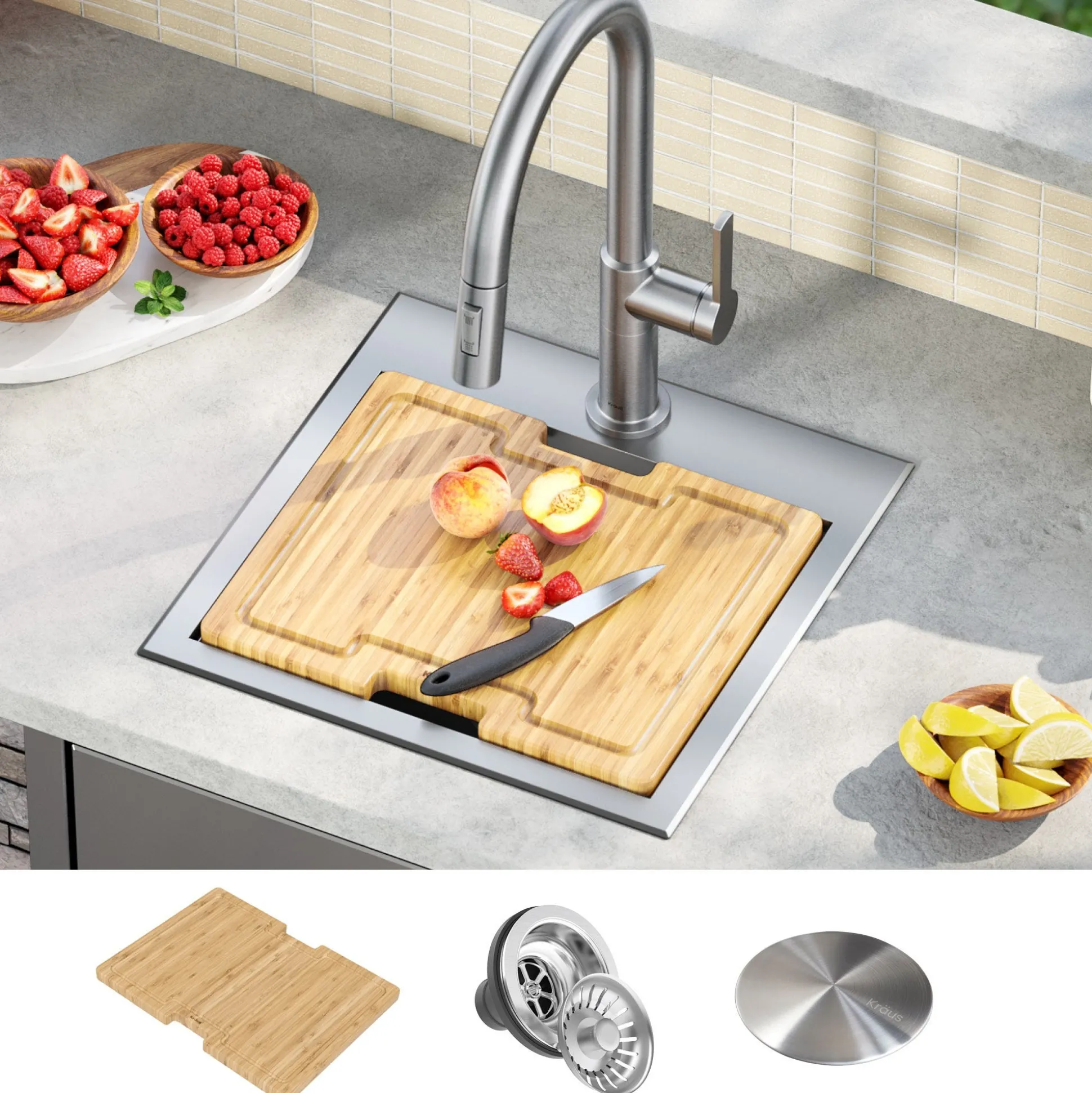 Workstation 15"OutdoorDrop-in16 GaugeMarine Grade T-316Stainless SteelSquareSingle Bowl Kitchen Bar Sink with Accessories